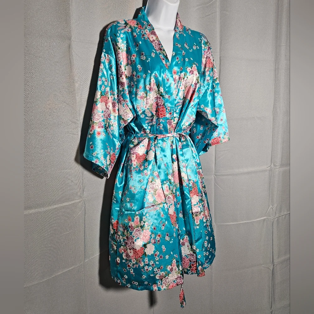 Alexander Del Rossa Robe Bridal Sz L Floral Colorful Kimono Satin NWOT - Picture 2 of 7